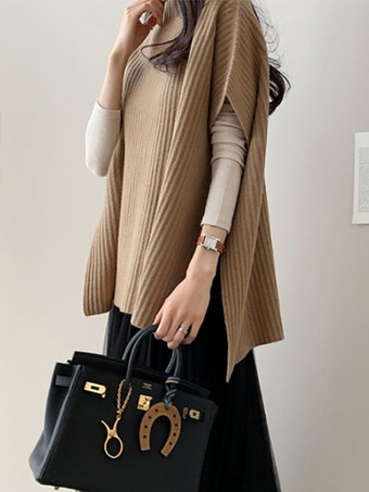 カーキ シックなジュエルネックグレー半袖トップスニットトップスレディースファッション