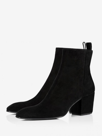 ブラック メンズ ブロックヒール チェルシーブーツ ブラック ジッパー スエード パーティー プロム ドレス アンクルブーツ