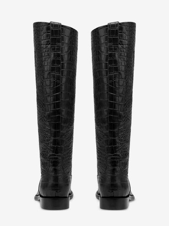 ブラック乗馬ブーツ レディース ラウンドトゥ ストーン柄 フラットニーハイブーツ