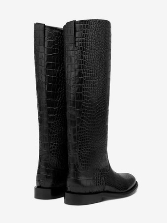 ブラック乗馬ブーツ レディース ラウンドトゥ ストーン柄 フラットニーハイブーツ