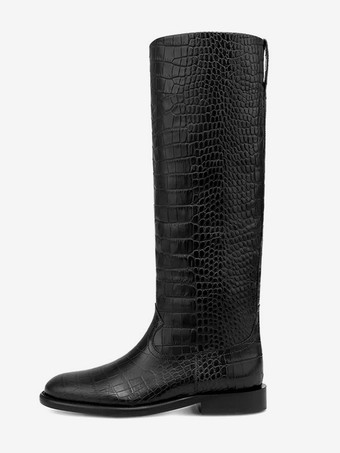 ブラック乗馬ブーツ レディース ラウンドトゥ ストーン柄 フラットニーハイブーツ