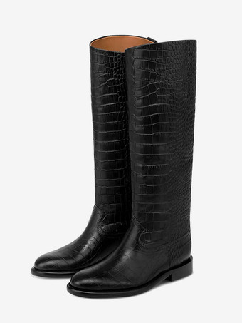 ブラック ブラック乗馬ブーツ レディース ラウンドトゥ ストーン柄 フラットニーハイブーツ