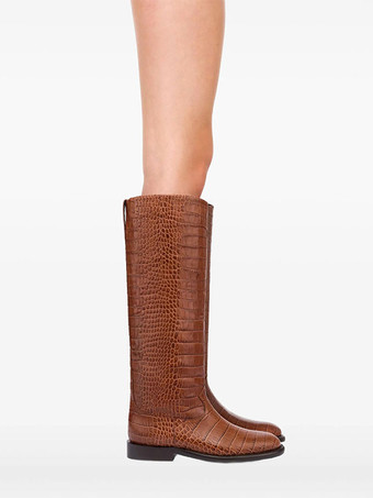 ブラック乗馬ブーツ レディース ラウンドトゥ ストーン柄 フラットニーハイブーツ