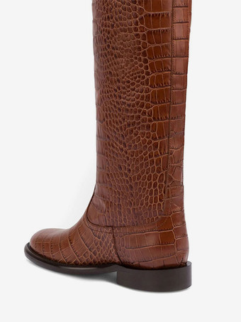 ブラック乗馬ブーツ レディース ラウンドトゥ ストーン柄 フラットニーハイブーツ