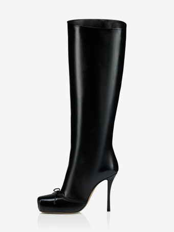 ブラックニーハイブーツ レディース スクエアトゥ ボウハイヒールブーツ