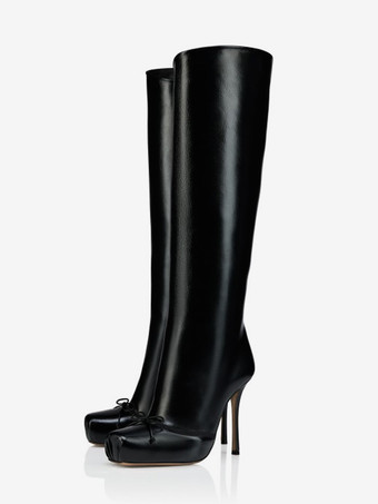 ブラック ブラックニーハイブーツ レディース スクエアトゥ ボウハイヒールブーツ