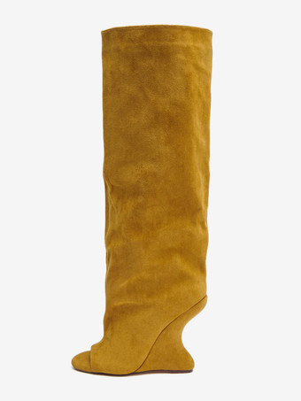 イエロースエードニーハイブーツ レディース オープントゥデザインヒールブーツ