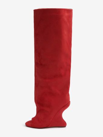 レッド スエードニーハイブーツ レディース オープントゥデザインヒールブーツ
