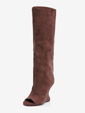 ディープブラウンスエードニーハイブーツ レディース オープントゥデザインヒールブーツ