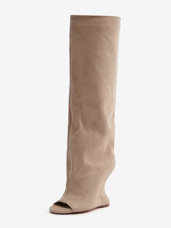 ディープアプリコットスエードニーハイブーツ レディース オープントゥデザインヒールブーツ