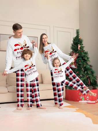 ホワイト トナカイとサンタのプリント柄チェック柄ファミリーお揃いクリスマスパジャマ 2026