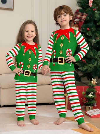 緑と赤のストライプ柄エルフコスチュームファミリーパジャマホリデーセット 2025