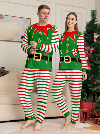 緑と赤のストライプ柄エルフコスチュームファミリーパジャマホリデーセット 2025
