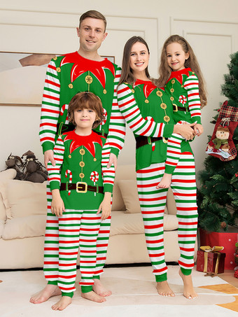 グリーン 緑と赤のストライプ柄エルフコスチュームファミリーパジャマホリデーセット 2025