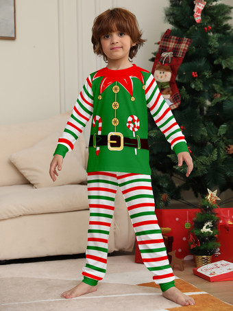 緑と赤のストライプ柄エルフコスチュームファミリーパジャマホリデーセット 2025