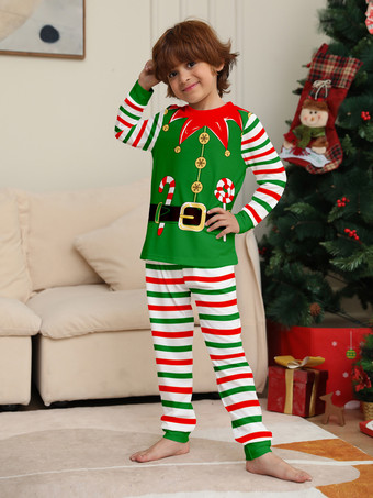緑と赤のストライプ柄エルフコスチュームファミリーパジャマホリデーセット 2025