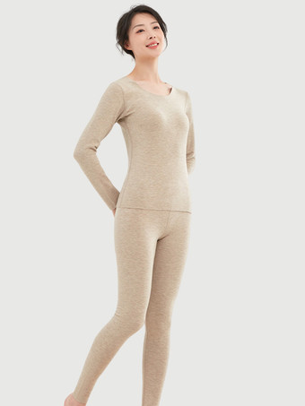 カーキ カシミア＆シルク 暖かいスリムサーマルアンダーウェアセット 2025