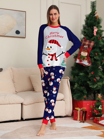 ネイビーブルーの雪だるま柄メリークリスマスファミリーパジャマ（赤い縁取り付き）2025年