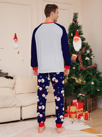 ネイビーブルーの雪だるま柄メリークリスマスファミリーパジャマ（赤い縁取り付き）2025年
