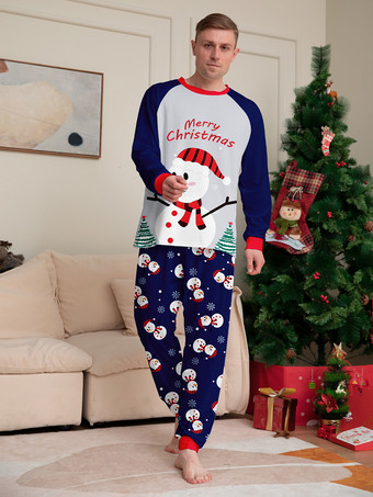 ネイビーブルーの雪だるま柄メリークリスマスファミリーパジャマ（赤い縁取り付き）2025年