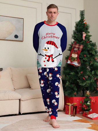 ネイビーブルーの雪だるま柄メリークリスマスファミリーパジャマ（赤い縁取り付き）2025年