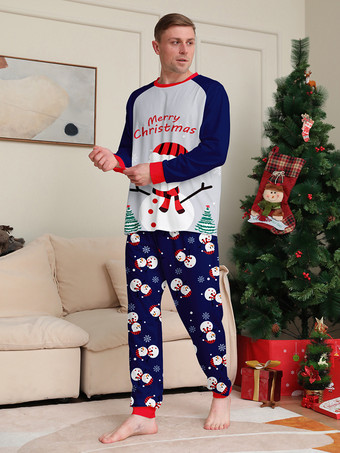 ネイビーブルーの雪だるま柄メリークリスマスファミリーパジャマ（赤い縁取り付き）2025年