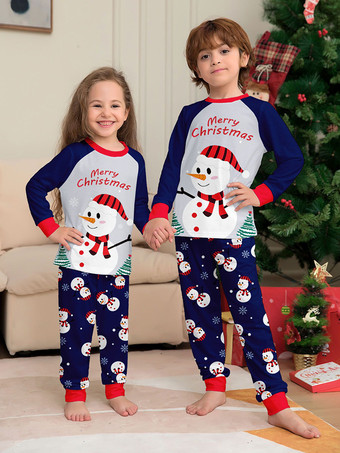 ネイビーブルーの雪だるま柄メリークリスマスファミリーパジャマ（赤い縁取り付き）2025年