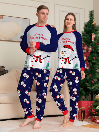 ネイビーブルーの雪だるま柄メリークリスマスファミリーパジャマ（赤い縁取り付き）2025年