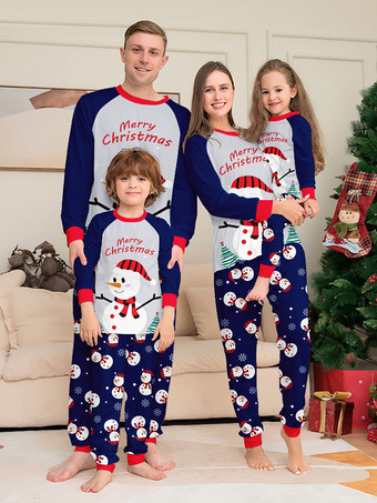 ブルー ネイビーブルーの雪だるま柄メリークリスマスファミリーパジャマ（赤い縁取り付き）2025年