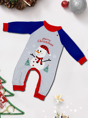 ネイビーブルーの雪だるま柄メリークリスマスファミリーパジャマ（赤い縁取り付き）2025年