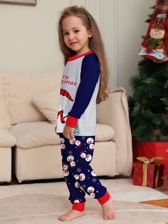 ネイビーブルーの雪だるま柄メリークリスマスファミリーパジャマ（赤い縁取り付き）2025年