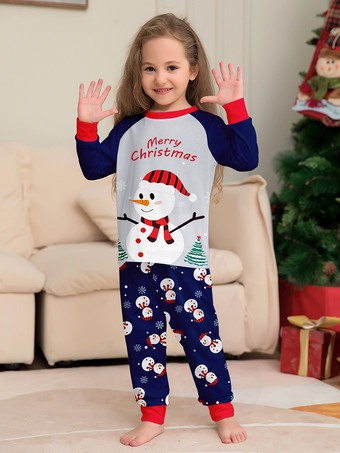 ネイビーブルーの雪だるま柄メリークリスマスファミリーパジャマ（赤い縁取り付き）2025年