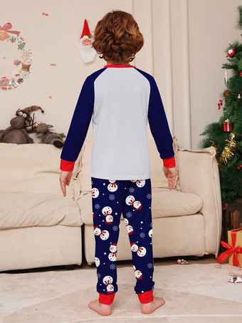 ネイビーブルーの雪だるま柄メリークリスマスファミリーパジャマ（赤い縁取り付き）2025年