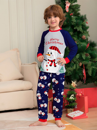 ネイビーブルーの雪だるま柄メリークリスマスファミリーパジャマ（赤い縁取り付き）2025年