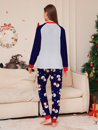 ネイビーブルーの雪だるま柄メリークリスマスファミリーパジャマ（赤い縁取り付き）2025年