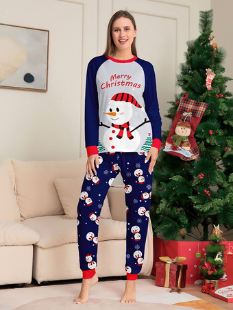 ネイビーブルーの雪だるま柄メリークリスマスファミリーパジャマ（赤い縁取り付き）2025年
