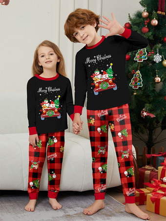 黒と赤のチェック柄ファミリークリスマスパジャマ車雪だるまプリント2026