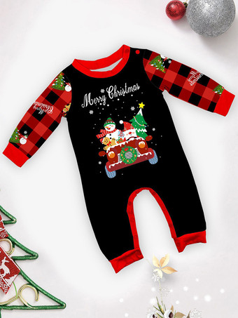 黒と赤のチェック柄ファミリークリスマスパジャマ車雪だるまプリント2026