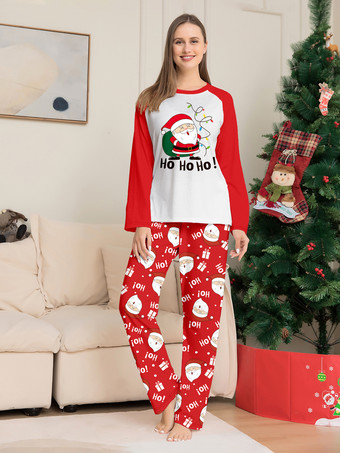 レッド＆ホワイトのラグラン柄サンタプリントファミリークリスマスパジャマ 2026