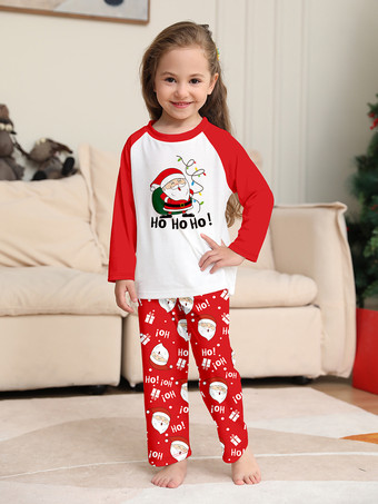 レッド＆ホワイトのラグラン柄サンタプリントファミリークリスマスパジャマ 2026