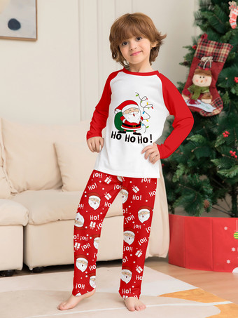 レッド＆ホワイトのラグラン柄サンタプリントファミリークリスマスパジャマ 2026