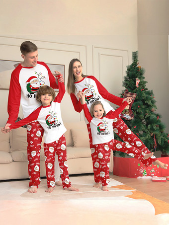 レッド レッド＆ホワイトのラグラン柄サンタプリントファミリークリスマスパジャマ 2026