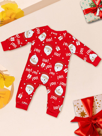 レッド＆ホワイトのラグラン柄サンタプリントファミリークリスマスパジャマ 2026