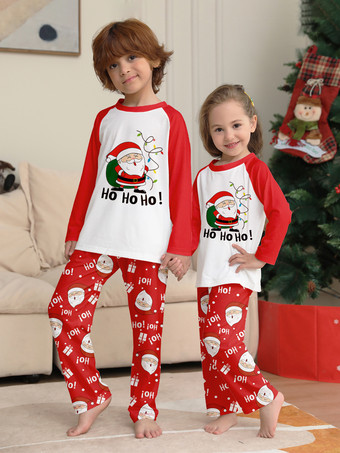 レッド＆ホワイトのラグラン柄サンタプリントファミリークリスマスパジャマ 2026