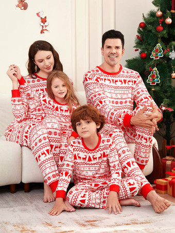 レッド クラシックな赤と白のトナカイ柄ファミリークリスマスパジャマホリデーセット 2026
