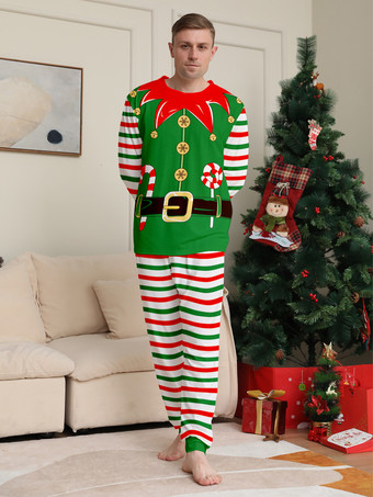 緑と赤のストライプ柄エルフコスチュームファミリーパジャマホリデーセット 2025