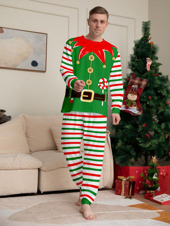 緑と赤のストライプ柄エルフコスチュームファミリーパジャマホリデーセット 2025