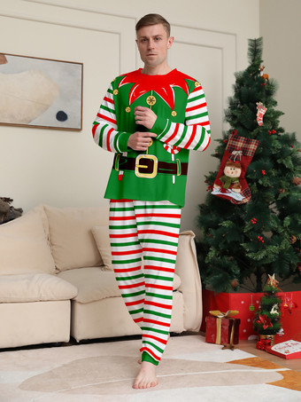 緑と赤のストライプ柄エルフコスチュームファミリーパジャマホリデーセット 2025