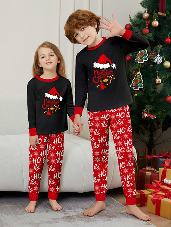 黒と赤のファミリー向けクリスマスパジャマ（サンタハット、ホーホーホーパンツ付き）2025年