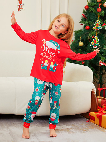 メリークリスマスプリントの赤と青緑のファミリーパジャマ 2025